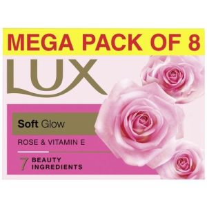 Lux Soft Glow Soap - Rose & Vitamin E, 7 Beauty Ingredients, For Soft & Smooth Skin, 150 g (Pack of 8)
